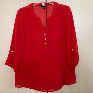 Express Women's 3/4 Sleeve Roll Tab Split Neck Henley Sheer Top Red Size S *Flaw